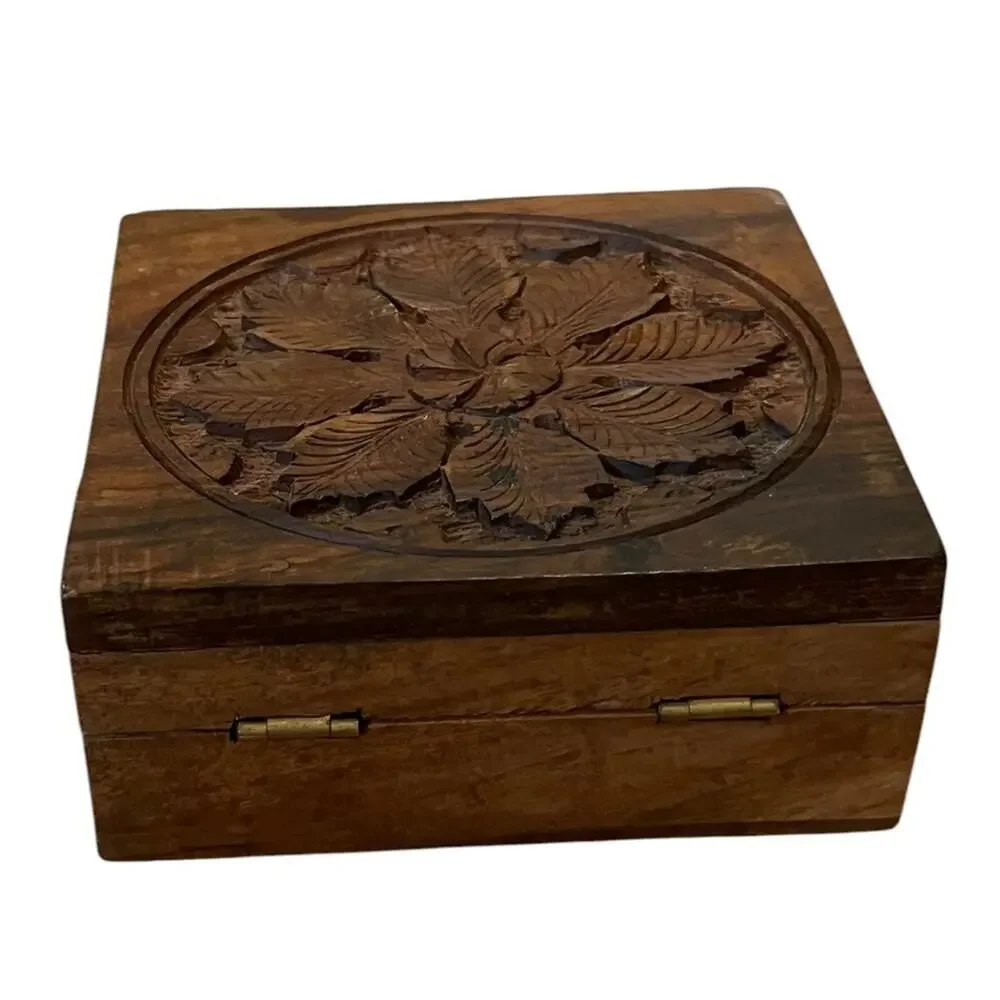 Vintage Hand Carved Wooden Trinket/Jewelry Box Hinged Leaves India 5” Square